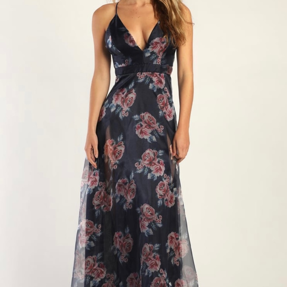 Lulu's Navy Floral Maxi Dress with Pink Roses